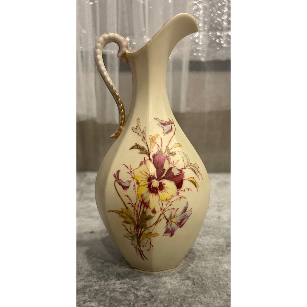 Vintage Porcelain Floral Pitcher Vase Gold Gilt Pansy Hand Painted 
 GM 2